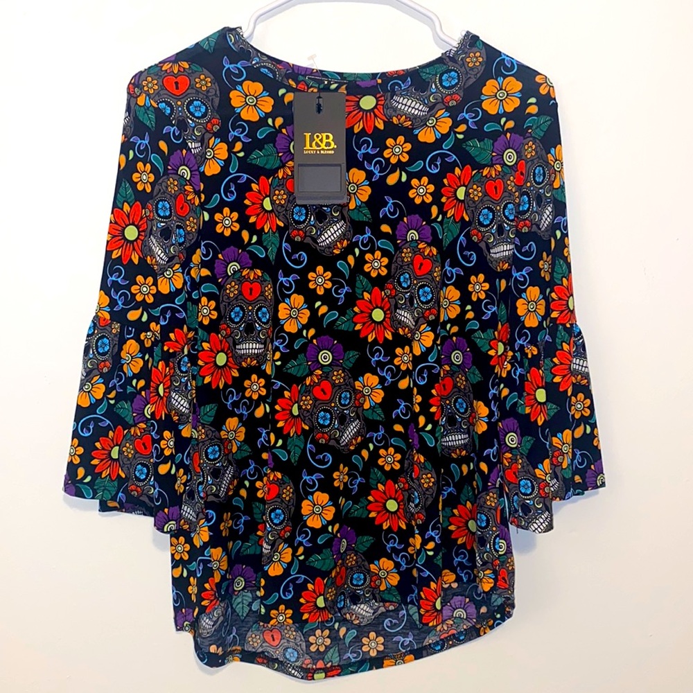 Small L&B Lucky & Blessed Multi-colored Sugar Skull Short Bell Sleeve